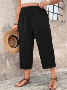 EMERY ROSE Women Plus Size Casual Linen Textured Capri Pants, Comfortable For Spring Summer Country-Style Vacation Baggy - Black - View 3