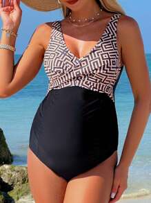 SHEIN Maternity Geometric Print One-Piece Swimsuit For Summer Beach Vacation - Multicolor - View 3