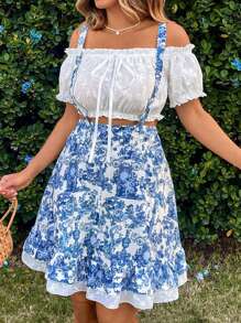 SHEIN VCAY 2 Stücke Große Größen Sommer Lässig Blumenstickerei Off-Shoulder Crop Top und Allover Muster Träger Rock Set Off-Shoulder Top Brunch Outfits für Frauen Urlaub Zweiteiler Set Stickerei Romantischer Zweiteiler Set Frauen Rock - Blau-Weiß - Übersicht 5