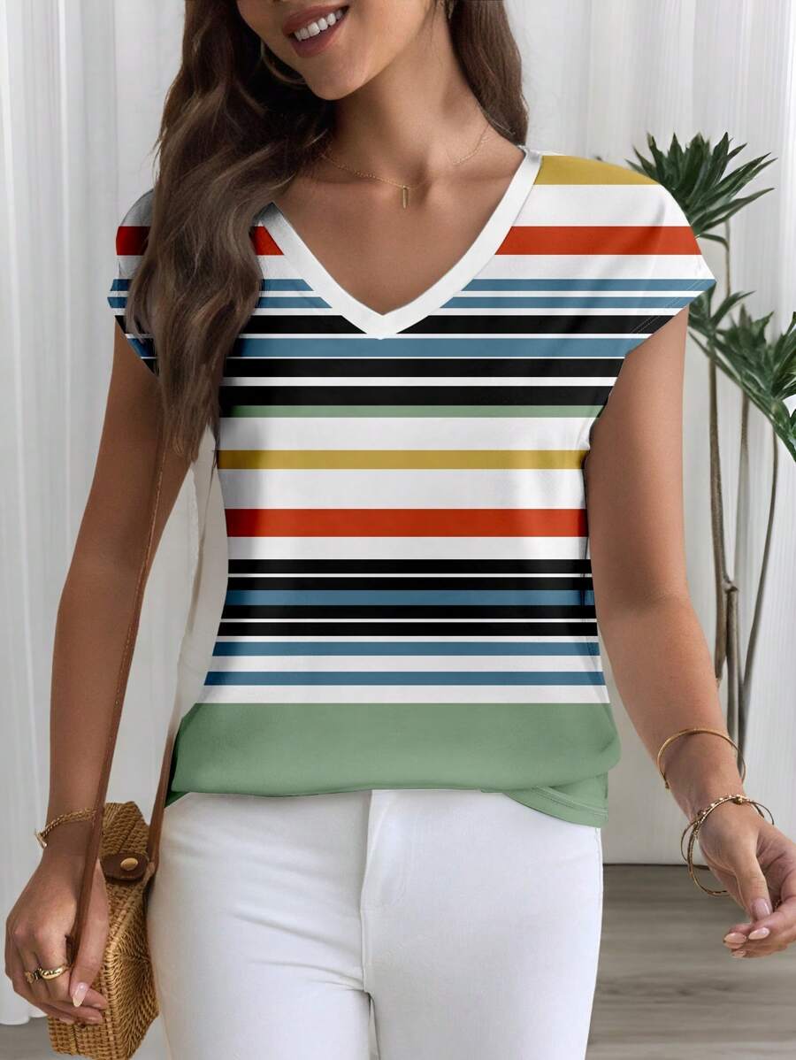 Glamance Maria Clara Maia Camisetas de mujer multicolor de manga corta con cuello en V, estilo informal, teñidas anudadas, conjuntos de verano para mujer, camiseta gráfica para mujeres para salir