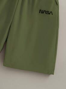 SHEIN Vacaura 2 Pieces Set: Teen Boys Casual Fashion Black Round Neck Short Sleeve Letter Graphic T-Shirt And Khaki Woven Shorts, Classic Color Scheme Summer New Arrival, School, Campus, College - Multicolor - View 6