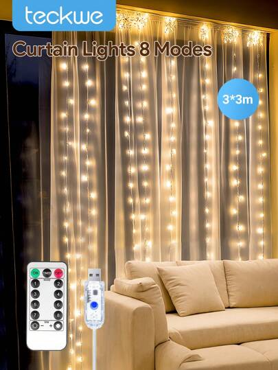 Teckwe LED Perde Işıkları, 3*3m LED Perde Işık Dizisi, Uzaktan Kumandalı 8 Aydınlatma Modu Peri Işıkları, USB ile Güçlendirilmiş Su Geçirmez, Noel, Düğün, Parti, Ev, Bahçe, Yatak Odası, Duvar Dekoru İçin Uygun