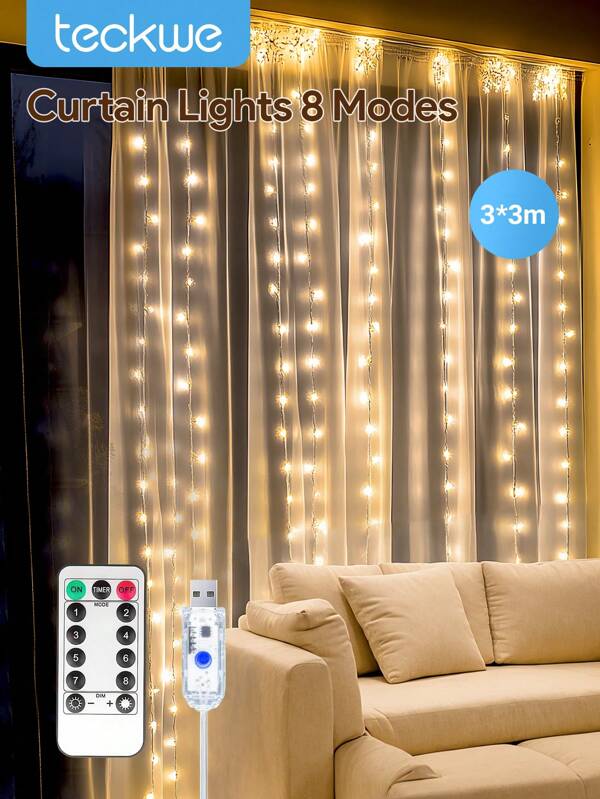 Teckwe LED Curtain Lights, 3*3m LED Curtain String Lights, 8 Lighting Modes With Remote Control Fairy Lights, USB Powered Waterproof, Suitable For Christmas, Wedding, Party, Home, Garden, Bedroom, Wall Decor