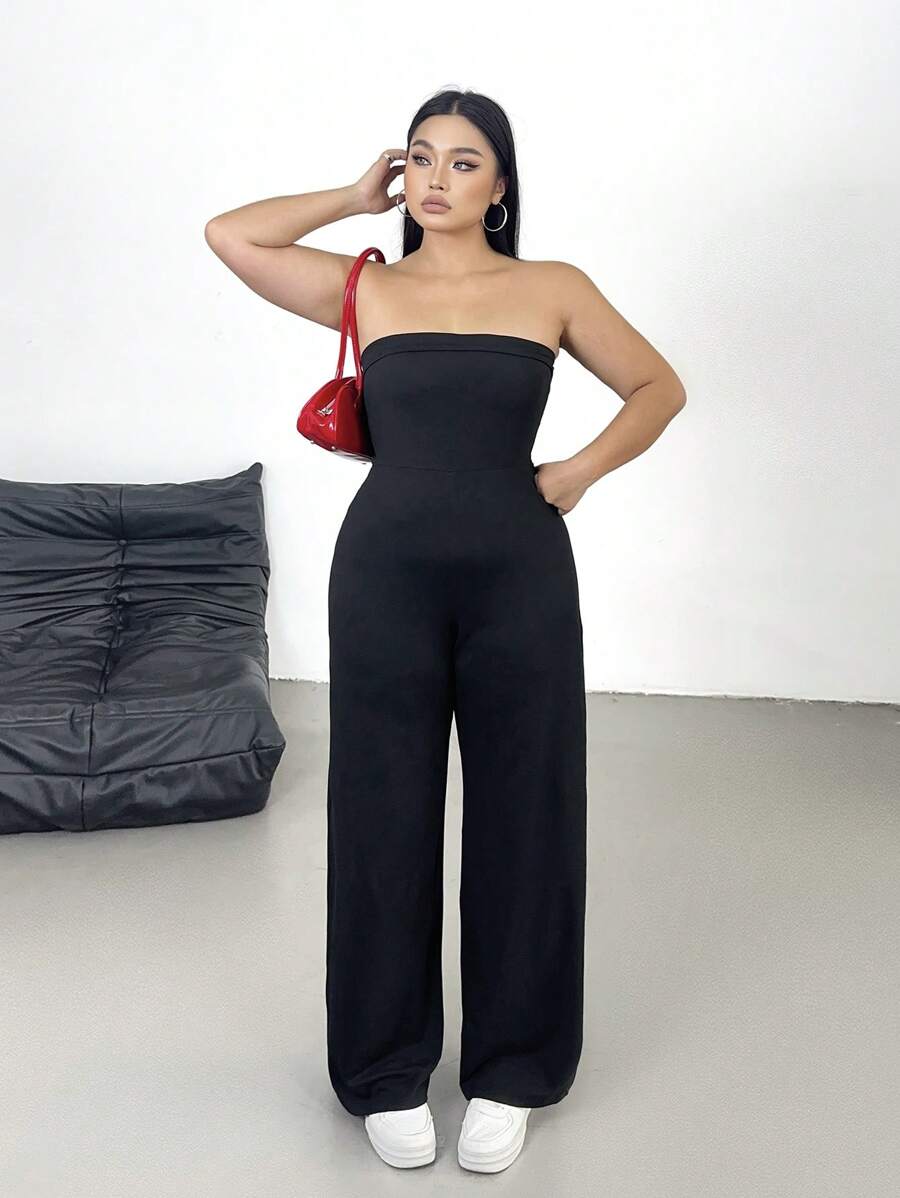 POPSWAY Women Plus Size Casual Solid Color Jumpsuit - Black - View 1