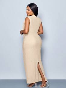 SOLERSUN Women's Fashion Slim Fit Pleated Sleeveless Solid Twist Front Bodycon Dress