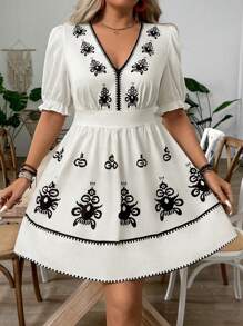 Breezaya V-Neck Puffy Sleeve Printed Elegant Dress - Black and White - View 4
