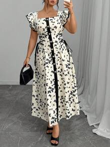 Modelyn Vestido de talla grande elegante con estampado de mariposa y tirantes cruzados