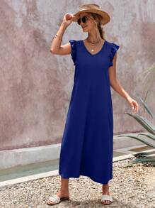 RueChic Vestido de verano de unicolor simple con cuello en V y dobladillo con volantes para mujer