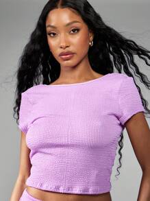 MISSGUIDED Textured Waffle Knit Crop Top Mini Skirt Set Matching Two Piece Outfit Summer Party Club Wear Backless Coordinated Set - Purple - View 5