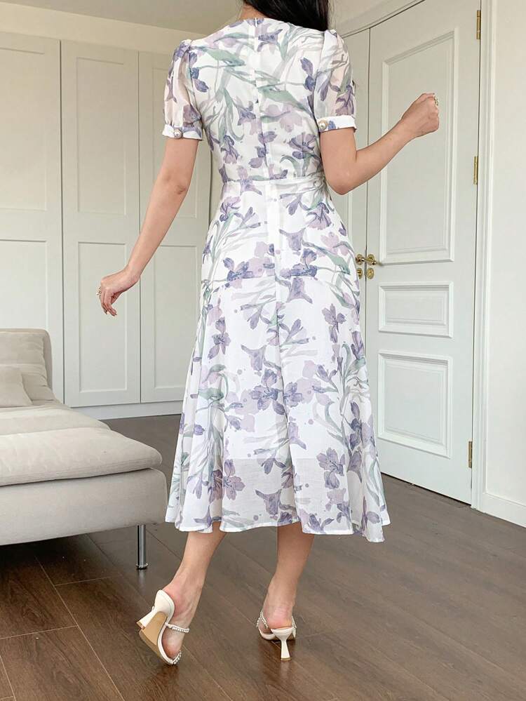 Women's V-Neck Floral Print Midi Dress With Puff Sleeves Boho