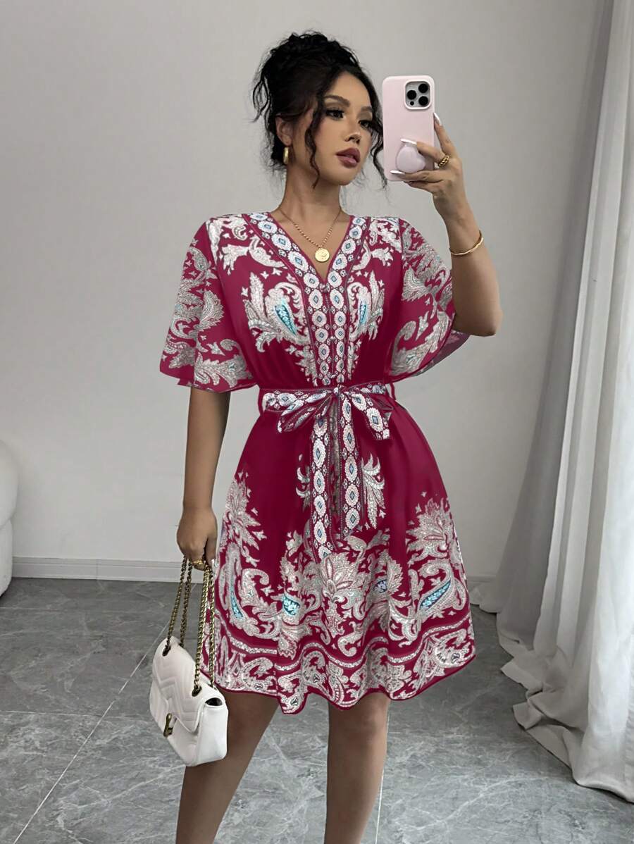 Chiquease Women's Spring/Summer Floral Print A-Line Long Dress, Holiday Vacation Style - Burgundy - View 1