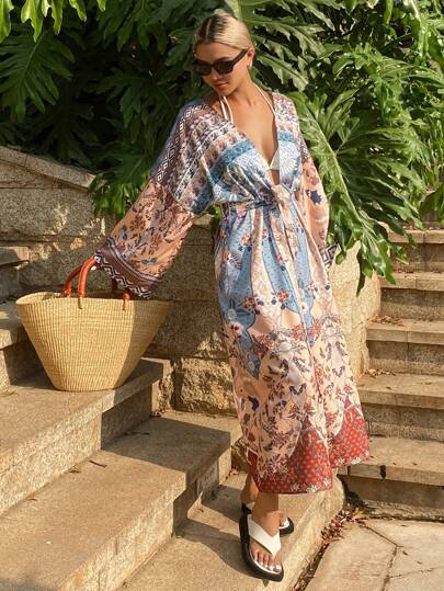 Livesso 女士花卉印花长袖宽松优雅和服罩衫，非常适合度假