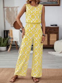Breezaya Elastic Waist Print Jumpsuit With Round Neck & Sleeveless, Vacation Wear, Spring/Summer - Yellow - View 3