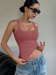 DAZY 女式纯色罗纹修身圆领休闲背心学院风上衣