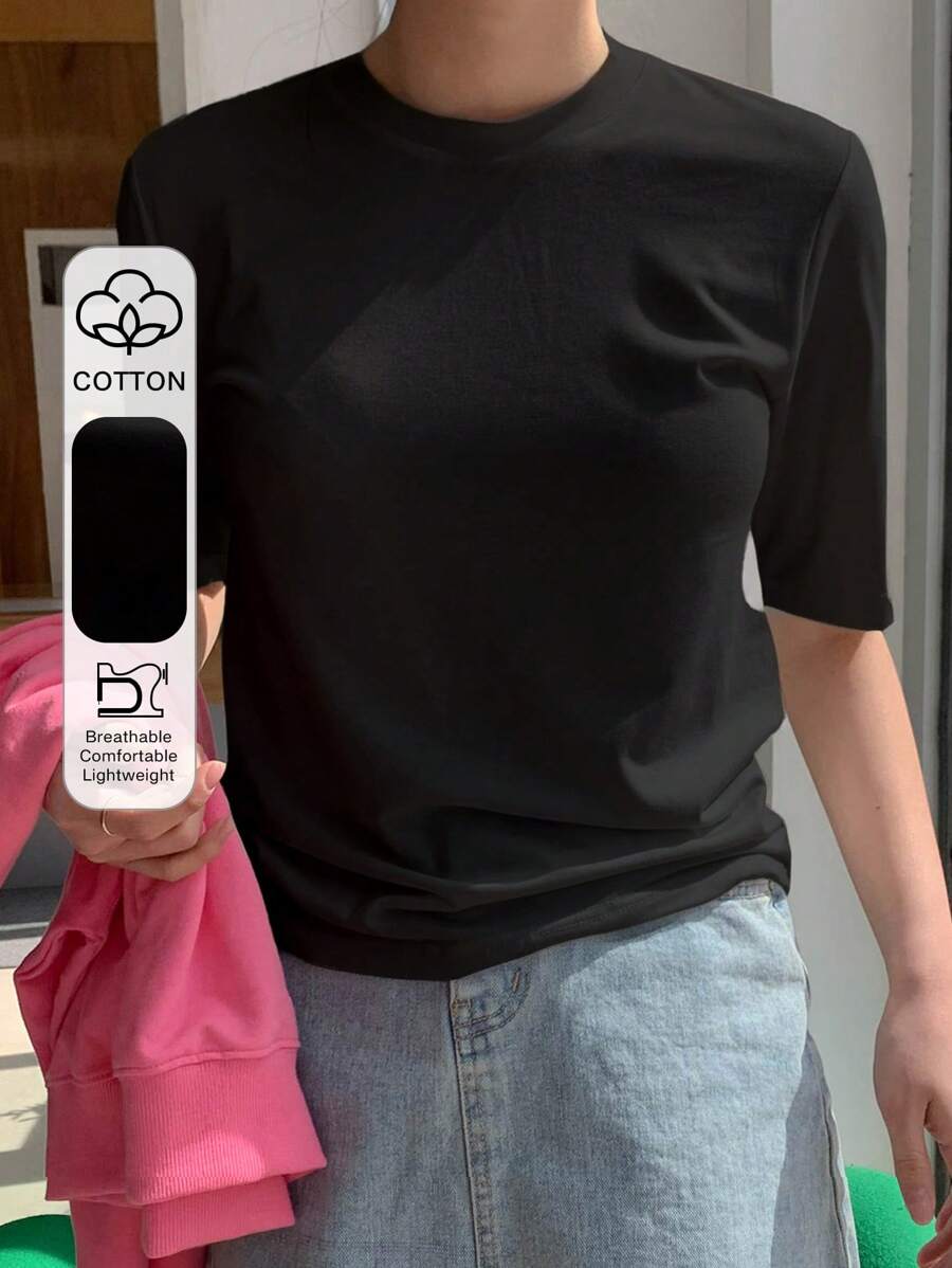 DAZY 女士休闲纯色圆领短袖T恤，夏季 - 黑色 - 查看 1