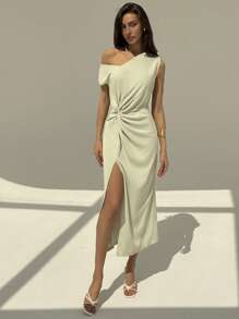 Aloruh Women Summer Elegant Solid Color Asymmetric Collar High Slit Dress Apple Green Summer Commuter Long Dress Elegant Slim And Simple Asymmetric Collar - Aqua Green - View 5