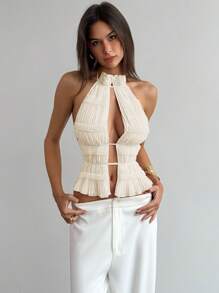 Aloruh New Sexy Open Back Lace-Up Design Sweet Ruffled Jacquard Sexy Slit Pink Halter Halterneck Top - Apricot - View 7