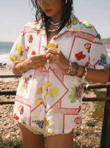 Easelle 2025夏季复古度假休闲水果印花梭织衬衫奶油黄波西米亚风女装 - 藍色 - 查看 1