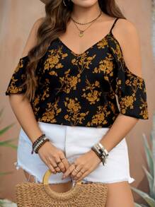 SHEIN LUNE Plus Size Vacation Casual Floral Print Open Shoulder Camisole