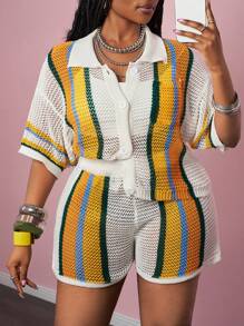Slaydiva 2pcs Set 2025 Spring & Summer Casual & Beach Resort Knitted Collared Short Sleeve Blouse With Pocket And Shorts, Colorful Stripe Contrast Knitted Set, Plus Size Women