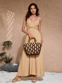 SHECARRY Women's Boho Style Handmade Woven Net Tote Bag - Brown - View 6