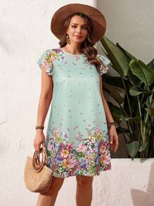 SHEIN LUNE 大码休闲节日花卉蝴蝶印花镂空领口连衣裙情人节 - 薄荷綠 - 查看 5