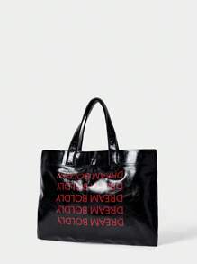 SHECARRY Women's Fashion Personalized Street Style Cool Y2K Pleated PU Letter Tote Bag, Shopping Bag - Black - View 4