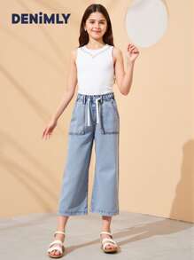 DENIMLY 女童春夏复活节假期轻度洗涤，配有抽绳平装腰带和平口袋，莱赛尔面料让您的少女肌肤在夏日酷爽。宽松阔腿版型。 - 淺色水洗藍 - 查看 3