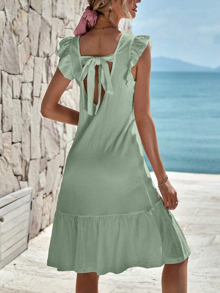 EURMUSE Váy suông hở lưng màu trơn đơn giản cho kỳ nghỉ - Màu xanh Bạc hà - Xem 1