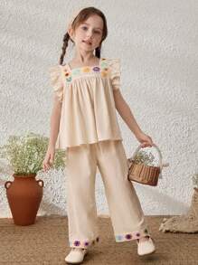 Blossori Young Girls Linen Holiday Ribbon Decor Ruffle Sleeve Shirt/ Pants Set - Khaki - View 7