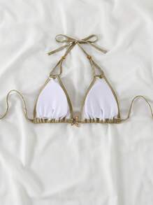 Swim Vcay Women's Springbreak Casual Vacation Beach Elegant Party Halter Neck Special Fabric Solid Color Swimwear Bikini Top For Summer - Coffee Brown - View 2