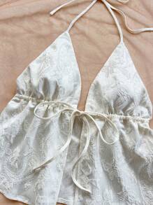 Soleia Women's Casual Vacay Paisley Textured Ruched Halter Crop Cami Top - White - View 5