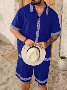 ResortEase Plus Size Men Shirt And Shorts Fashion Set, Suitable For Summer - Blue - View 7