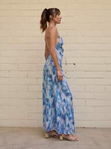 Nöista Vestido largo maxi fluido azul claro de verano para vacaciones tropicales, con estampado abstracto, tirantes finos, escote drapeado, elegante para eventos formales y graduación - Multicolor - Ver 4