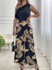 SHEIN CURVE+ Conjunto de 2 piezas de talla grande de verano informal con top crop sin mangas con volantes y pantalones de pierna ancha - Multicolor - Ver 6