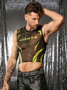 FeverCity Men's Digital Print Mesh Sleeveless Crop Top