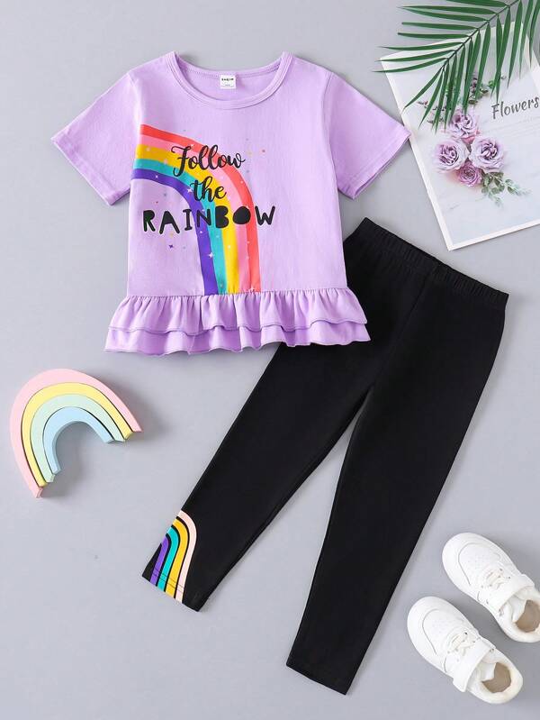 SHEIN 2pcs/Set Young Girl Summer Casual Rainbow Print Ruffle Hem T-Shirt And Pants Young Girls Sets Young Girls Sets Winter Young Girls Sets Summer
