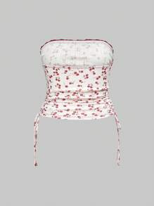 ROMWE Kawaii Plus Size Women Cherry Print Floral Ruffle Bow Camisole Top - Red - View 2