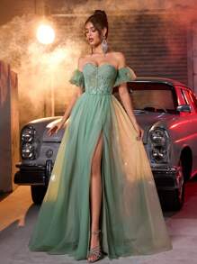 Glamrae Elegant Sage Green Off-Shoulder Lantern Sleeve Lace Waist Sheer Ruffle A-Line Maxi Dress With Side High Slit & Adjustable Strap, Suitable For Date, Vacation, Singles Party, Wedding, School Formal, Formal Evening Gown, For Wedding Guest