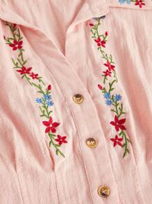 SHEIN MOD 复古刺绣修身短袖女式衬衫花卉图案可爱休闲夏季女式上衣