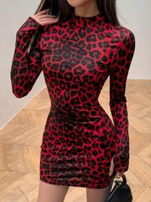 INAWLY Vestido corto de talla grande con contraste de estampado de leopardo y manga larga, vestido ajustado - Rojo - Ver 3