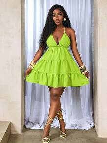 BamGleam Women's Sexy Deep V-Neck Ruffle Trim Neon Green Dress - Green - View 7