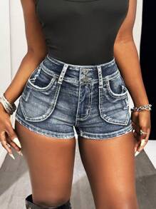 Slaydiva Pantalones cortos vaqueros skinny de talle alto y desgastados de estilo casual para mujer - Azul lavado oscuro - Ver 1