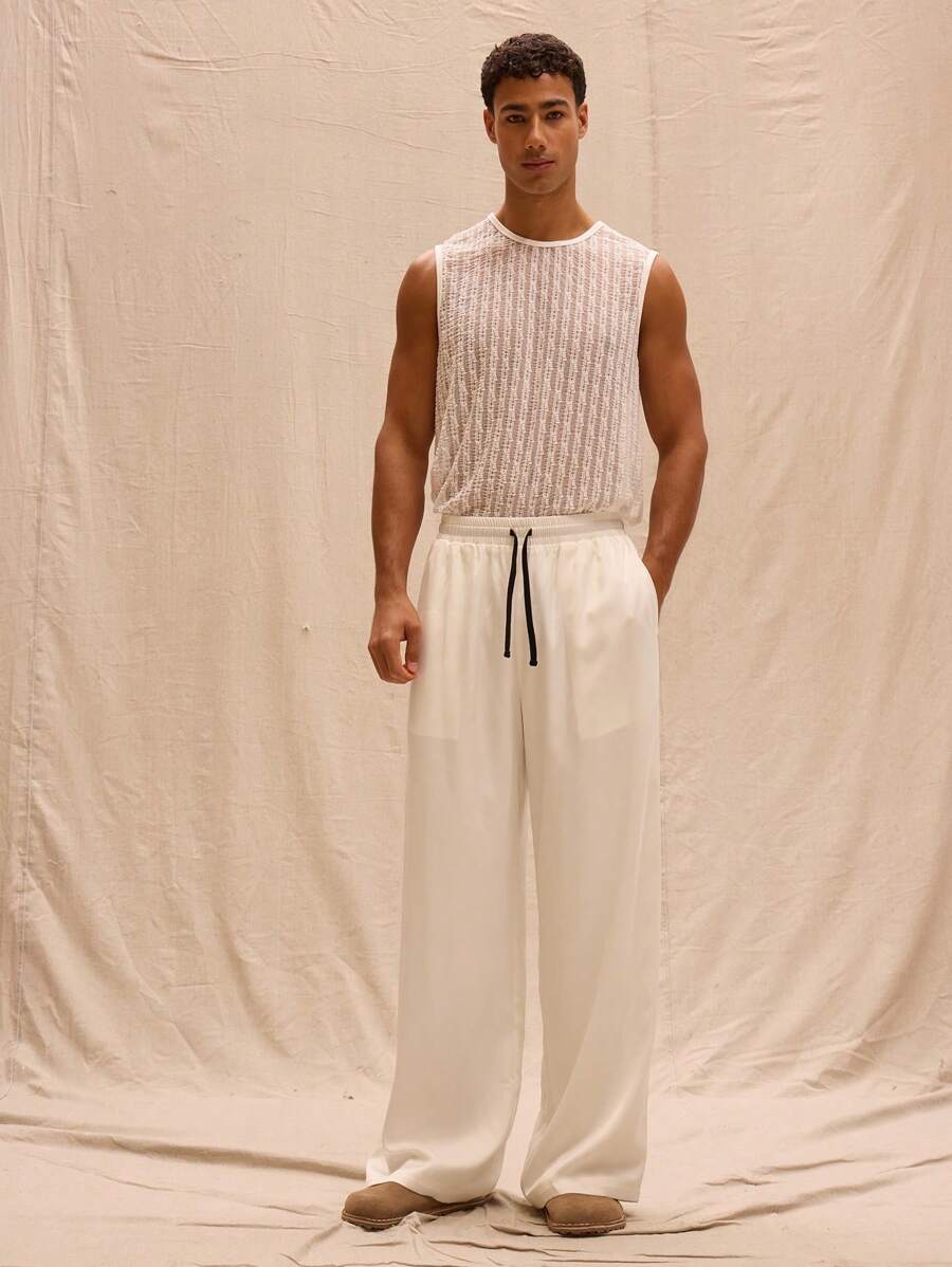 Musero Contrast Drawstring Waist Satin Straight Leg Trousers Spring Summer Streetstyle Holiday Vacation Beach - White - View 1