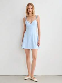 Lumivelle Women V Neck Short Slip Dress, Women A-Line Mini Dress - Blue - View 5