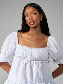 MISSGUIDED Puff Sleeve Milkmaid Blouse Ruffle Hem Empire Waist Square Neck Cotton Peasant Top Summer Spring Festival Boho Prairie Style Casual - White - View 4