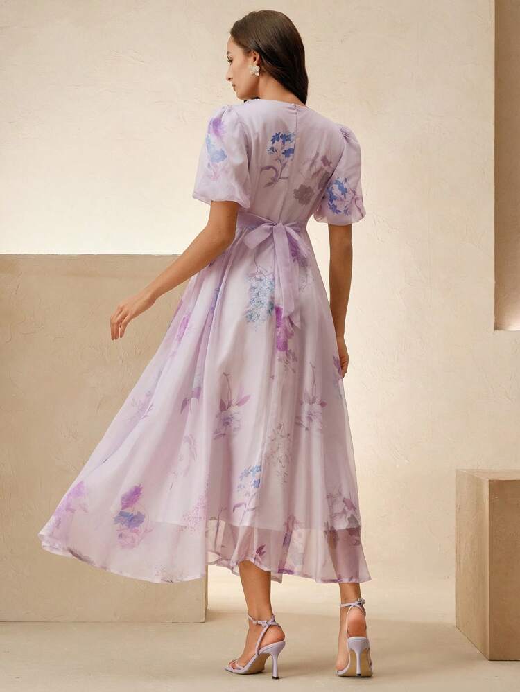 Women's Ditsy Floral Summer French Fashion Puff Sleeve V-Neck Cinched Waist Elegant Dress