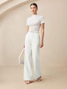 BizChic Women White Front Center Seam Flared Design Pants, Romantic Elegant Everyday Fashion Business Casual Suit, Suitable For Office, Teacher In Fall/Winter