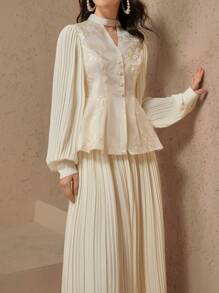 DAZY SHEIN X Hannahelzahed 女士奶油黄色蕾丝刺绣衬衫和裙子两件套沙滩装，夏季 - 米色 - 查看 3