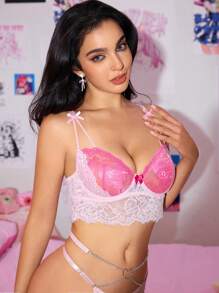 ROMWE Handmade Sweetheart Bra With Contrast Color Lace Patchwork, Bow Decor & Underwire Support, Kawaii - Multicolor - View 5